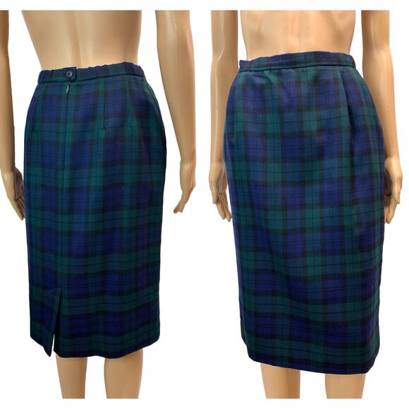 80s Pendleton Blue & Green Tartan Plaid Straight Skirt w Pockets | SP W 26" - Picture 1 of 8